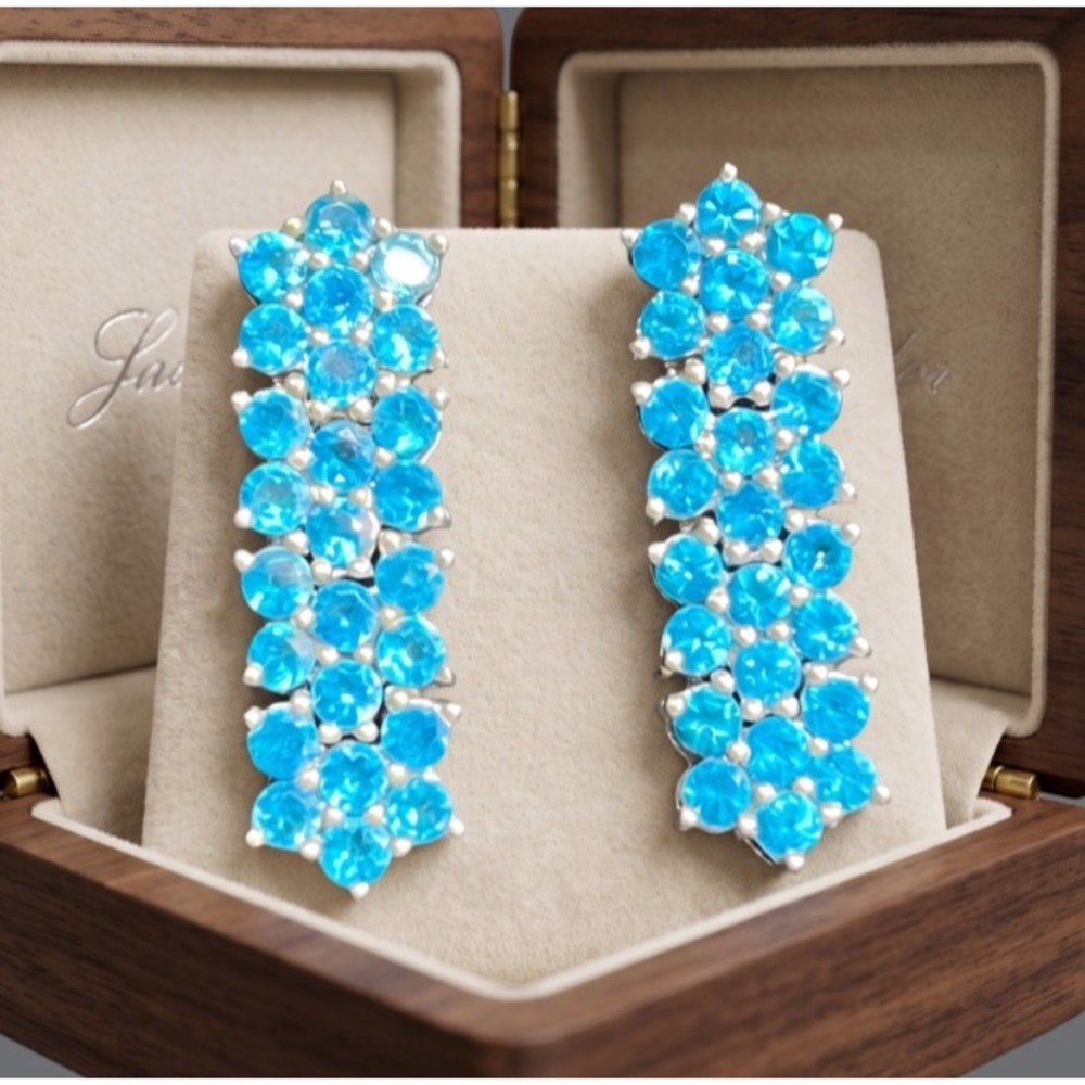STERLING SILVER Dangle Earrings OCEAN BLUE TOPAZ Flower Cluster 2.0TCW Fancy!